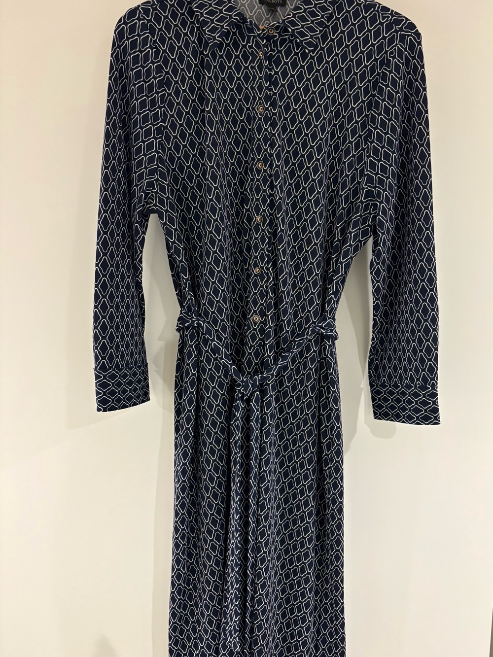 Talbots Navy and White Geometric Long Sleeve Dress